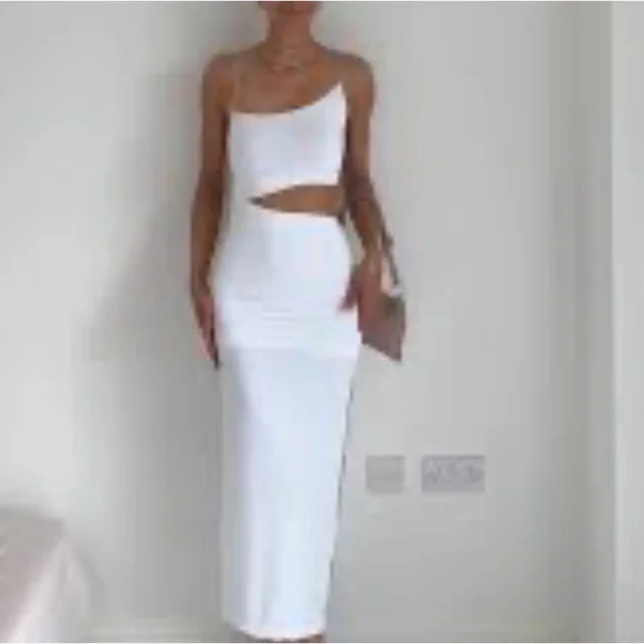 Zara White CUT OUT FITTED ASYMMETRICAL DRESS NWT Size Large - Picture 4 of 6